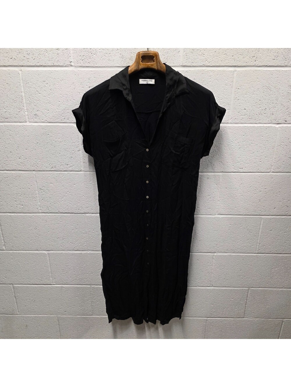 Pampelone Women Black Classic Shirt Dress Button Down Size M black Rayon